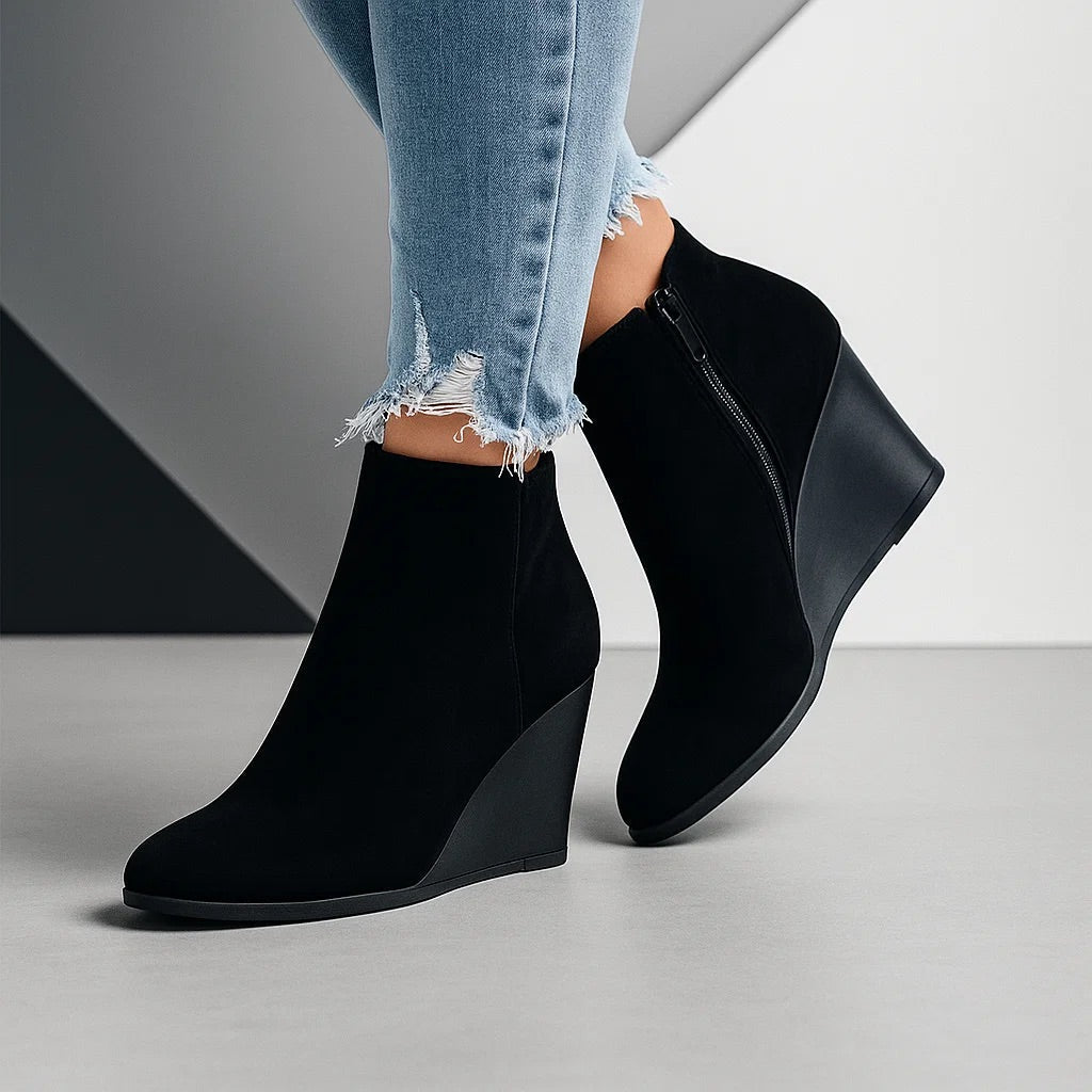 Chic Suede-Look Wedge Ankle Boots with Side Cut-Out