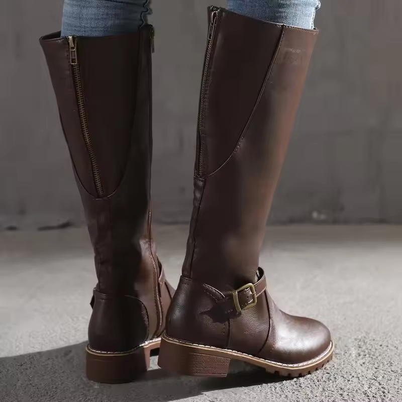 Classic Leather-Look Knee High Boots with Buckle Strap and Block Heel