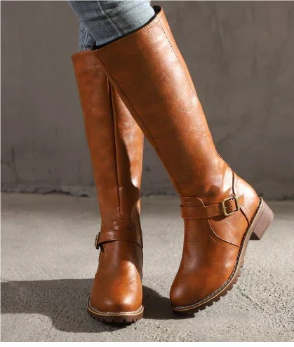 Classic Leather-Look Knee High Boots with Buckle Strap and Block Heel
