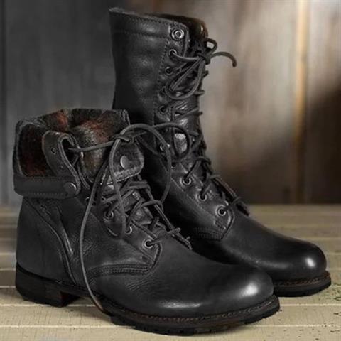 Dark Brown Leather-Look Lace-Up Combat Boots with Fold-Down Cuff