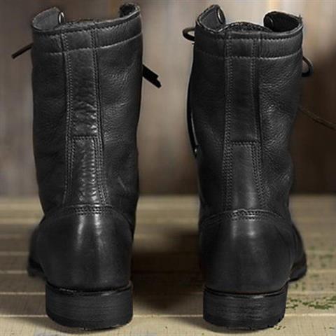 Dark Brown Leather-Look Lace-Up Combat Boots with Fold-Down Cuff