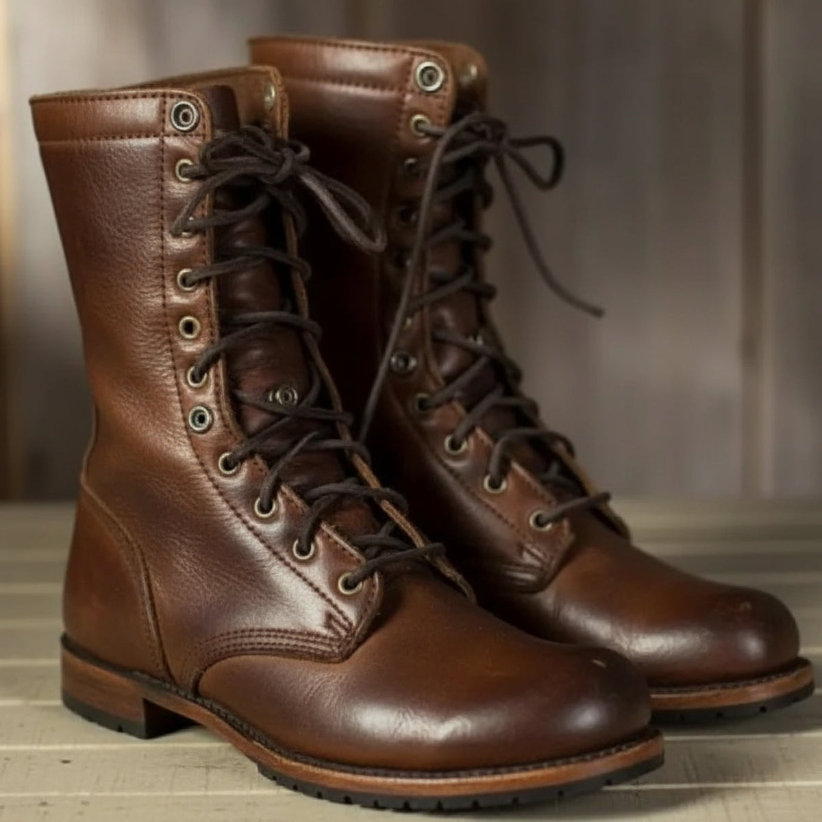 Dark Brown Leather-Look Lace-Up Combat Boots with Fold-Down Cuff