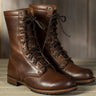 Dark Brown Leather-Look Lace-Up Combat Boots with Fold-Down Cuff