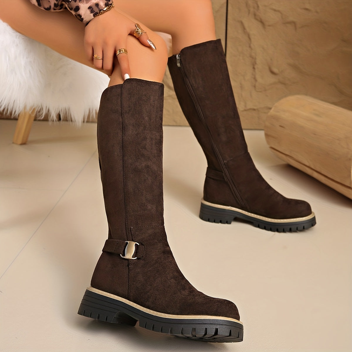 Flat Knee High Suede-Look Boots with Buckle Detail and Lug Sole