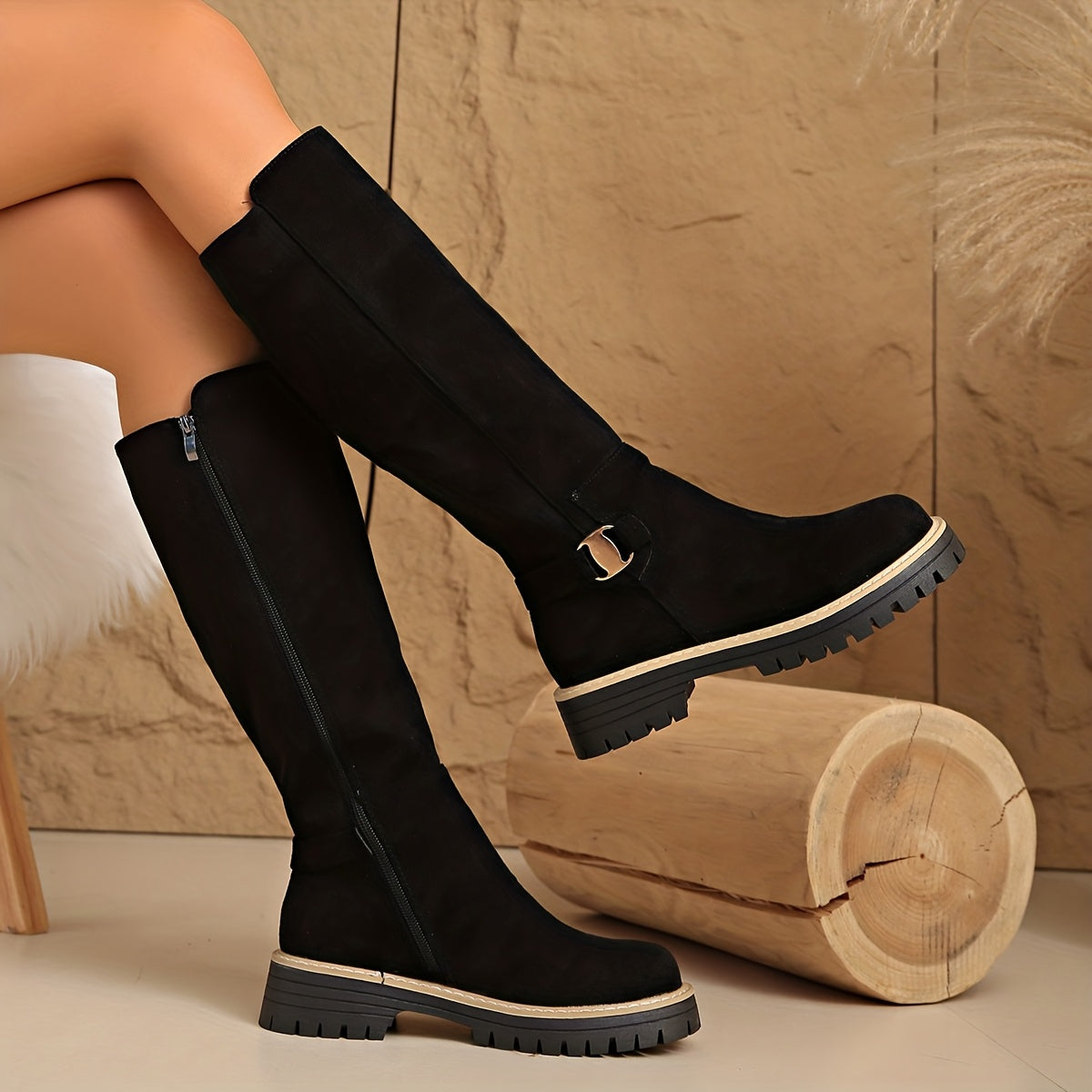 Flat Knee High Suede-Look Boots with Buckle Detail and Lug Sole