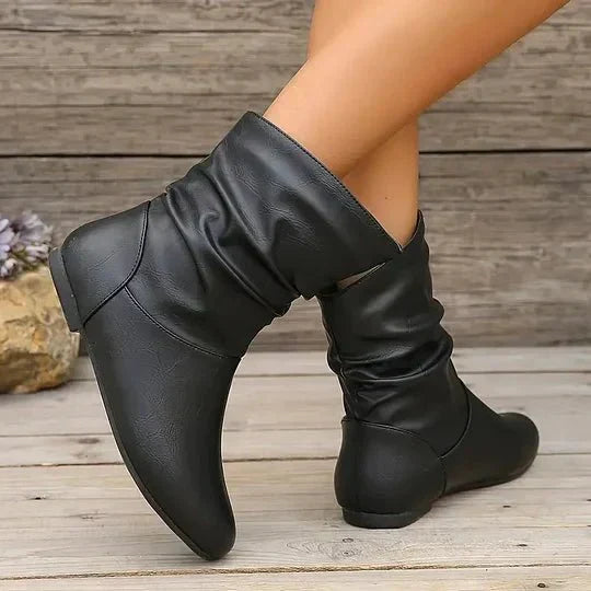 Flat Leather-Look Ankle Boots with Slouch Detail
