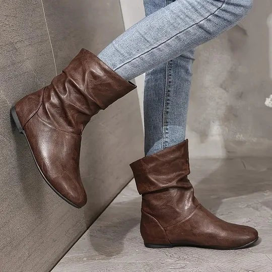 Flat Leather-Look Ankle Boots with Slouch Detail