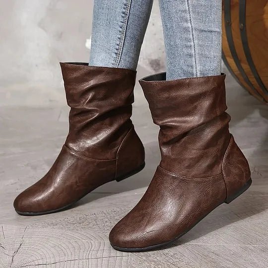 Flat Leather-Look Ankle Boots with Slouch Detail