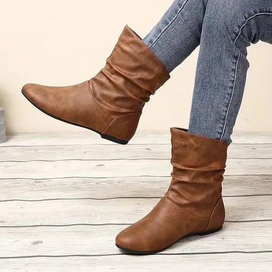 Flat Leather-Look Ankle Boots with Slouch Detail