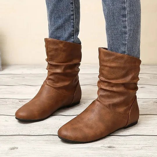 Flat Leather-Look Ankle Boots with Slouch Detail