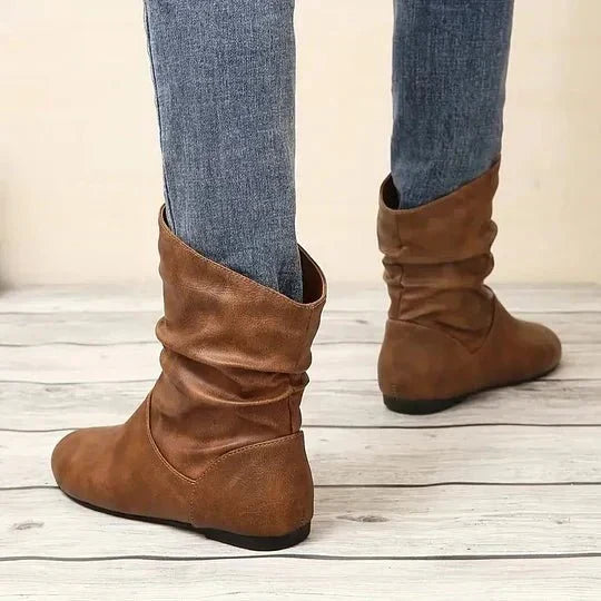 Flat Leather-Look Ankle Boots with Slouch Detail
