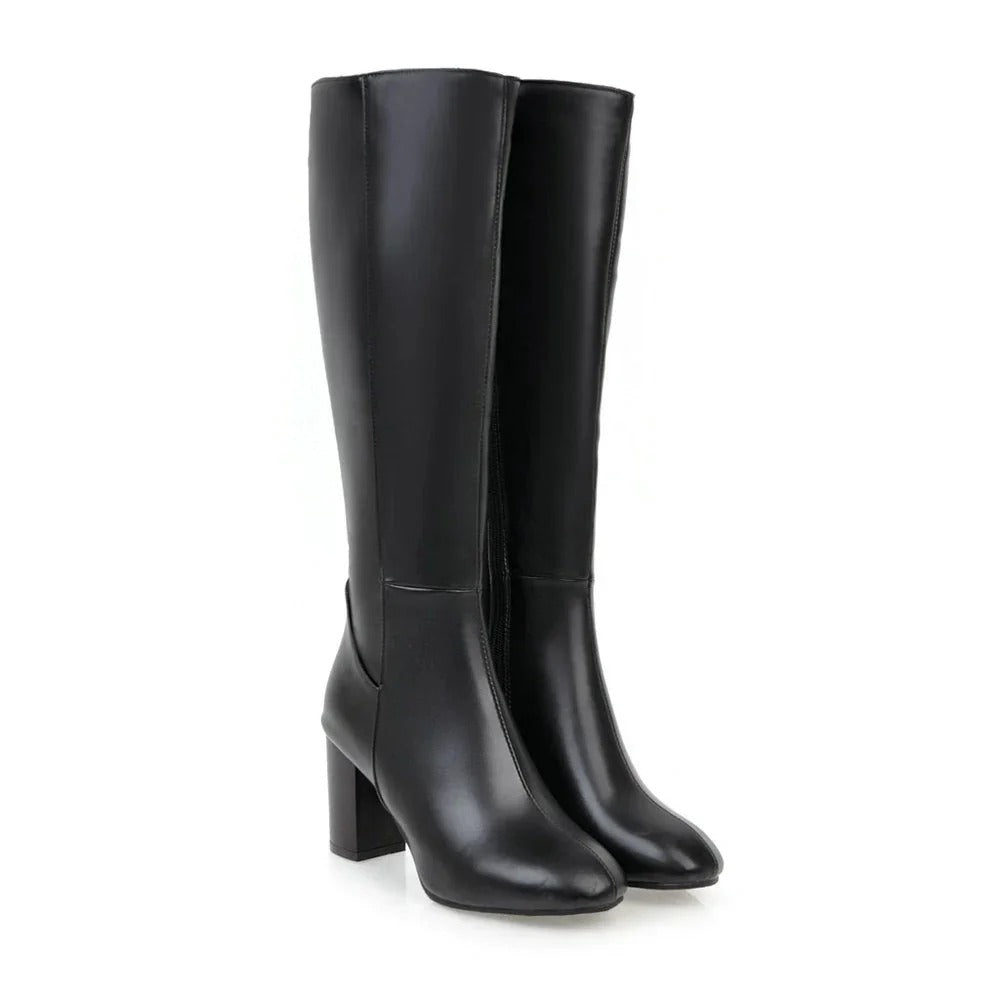 Heeled Knee High Leather-Look Boots with Side Zip