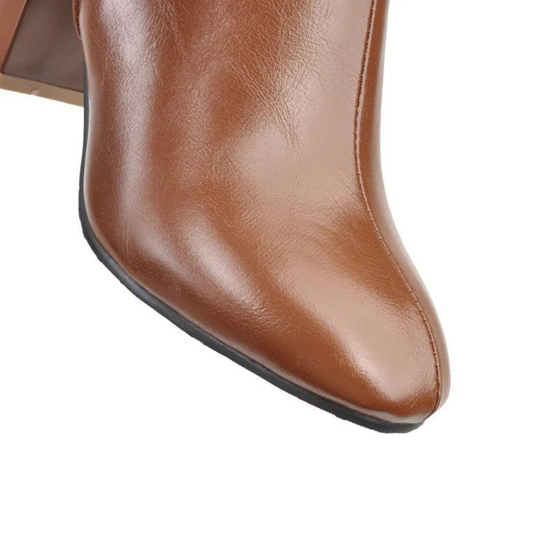 Heeled Knee High Leather-Look Boots with Side Zip