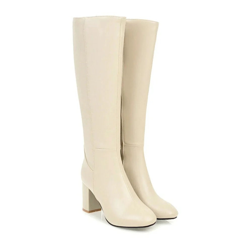 Heeled Knee High Leather-Look Boots with Side Zip