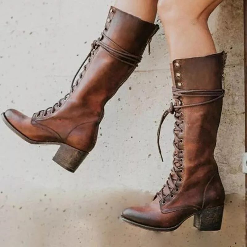 Knee High Lace-Up Leather-Look Boots with Block Heel