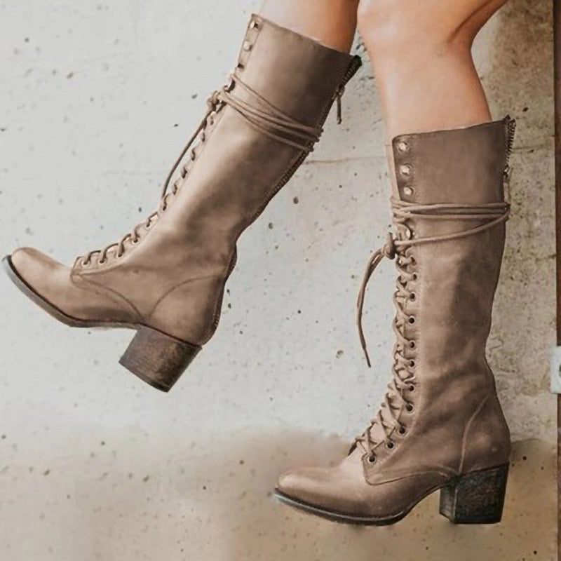 Knee High Lace-Up Leather-Look Boots with Block Heel