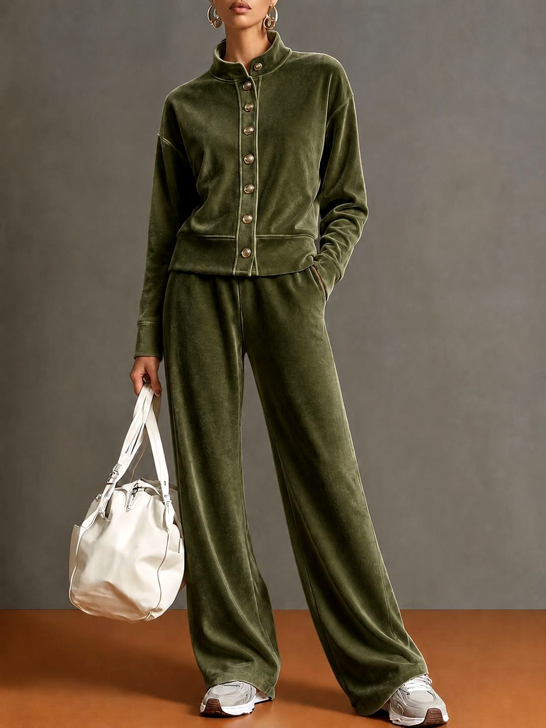 Alberta - Women's Velvet Stand Collar Wide Leg Matching Set
