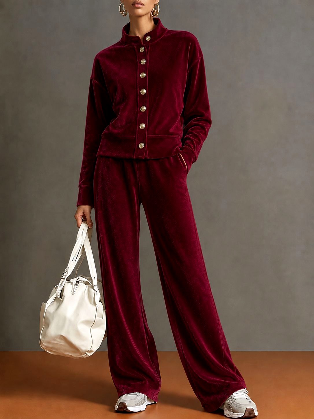 Alberta - Women's Velvet Stand Collar Wide Leg Matching Set