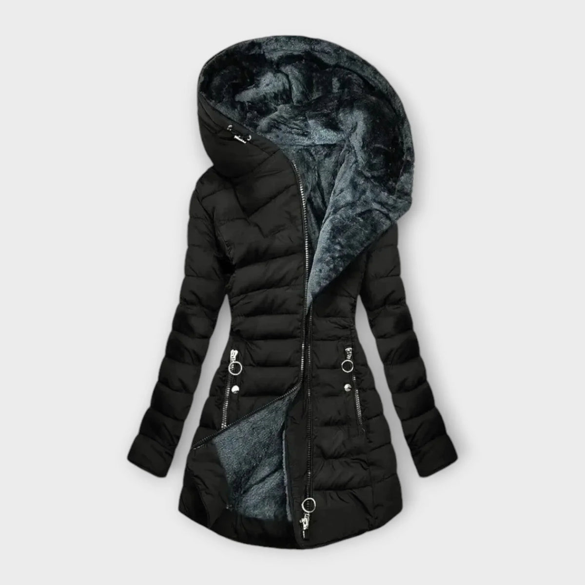 Women's quilted zip-up hood puffer coat with faux fur lining