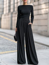 Verity - Women's Boat Neck Wide-Leg Pleated Jumpsuit