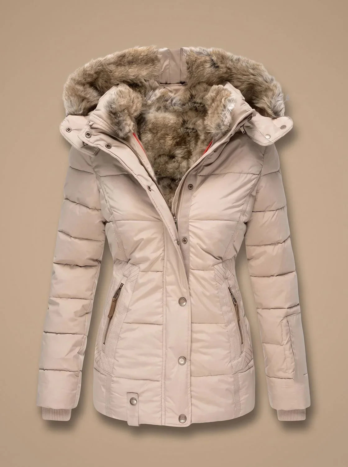 Women's puffer coat faux-fur hooded quilted winter