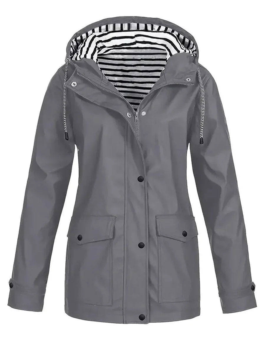 Women's Hooded Striped-Lined Zip-Up Waterproof Rain Coat