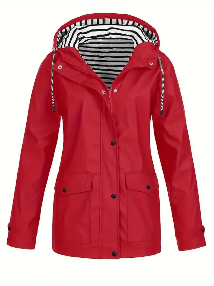 Women's Hooded Striped-Lined Zip-Up Waterproof Rain Coat