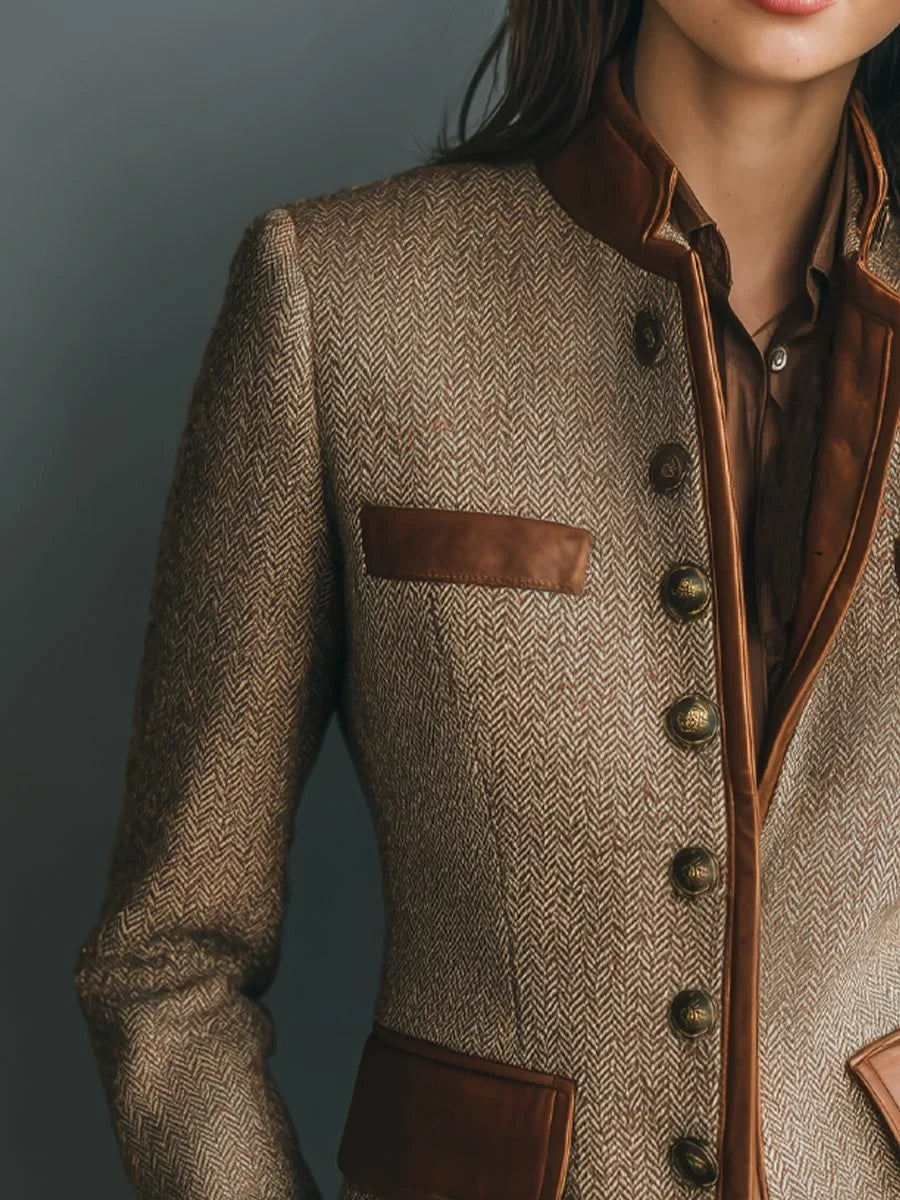 Women's Vintage Herringbone Tweed Leather-Look Trim Button-Front Jacket